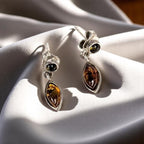 Dainty Sterling Silver and Baltic Amber Dangle Post Back Earrings 925