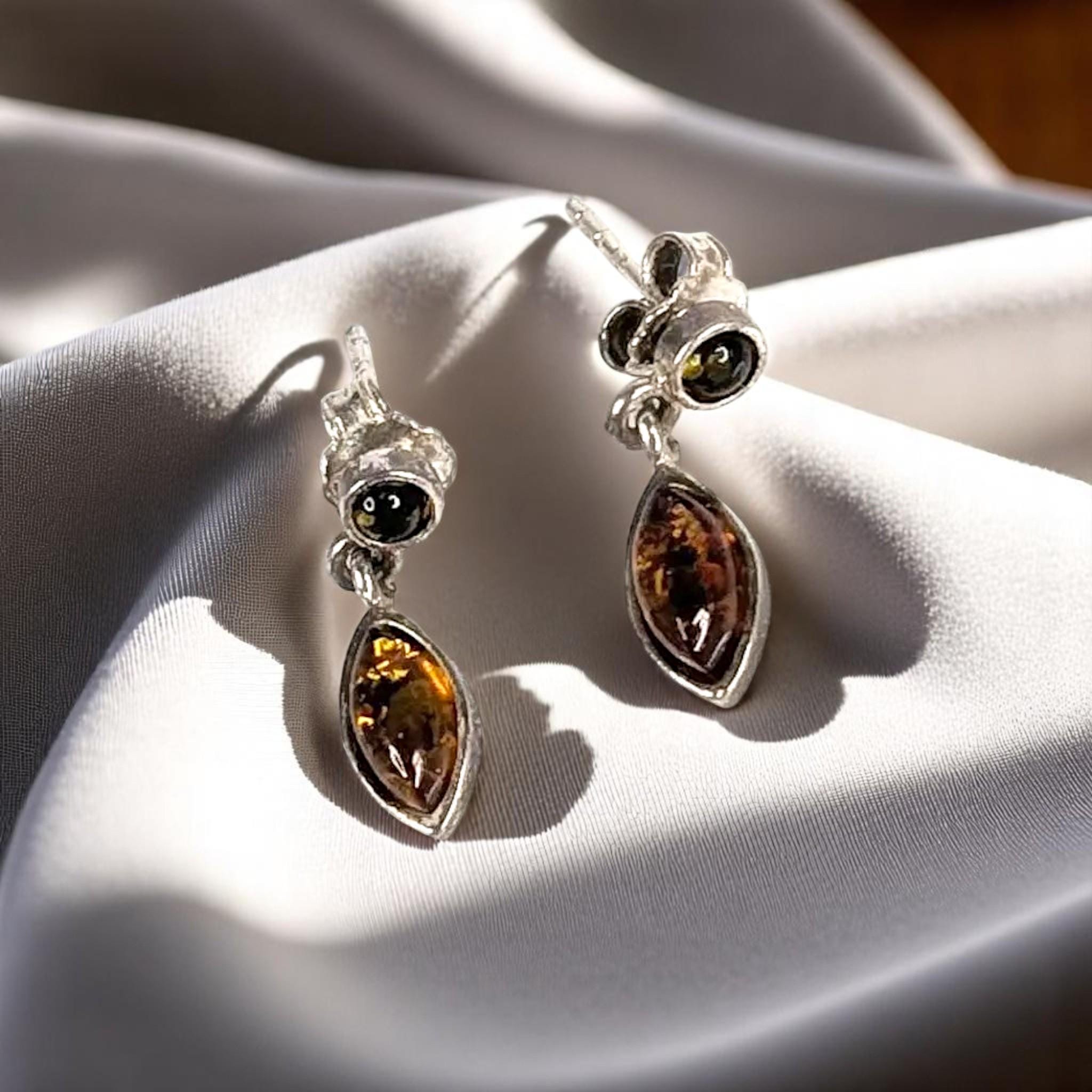 Dainty Sterling Silver and Baltic Amber Dangle Post Back Earrings 925