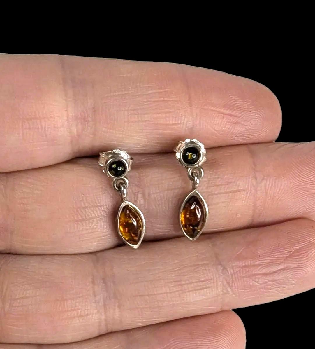 Dainty Sterling Silver and Baltic Amber Dangle Post Back Earrings 925