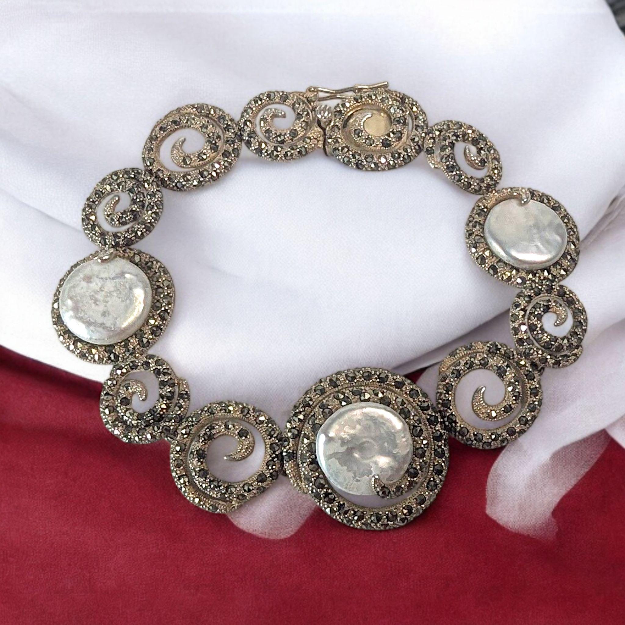 Judith Jack Vintage Marcasite Bracelet: Gold Vermeil Sterling Silver Coin Pearl Jewelry