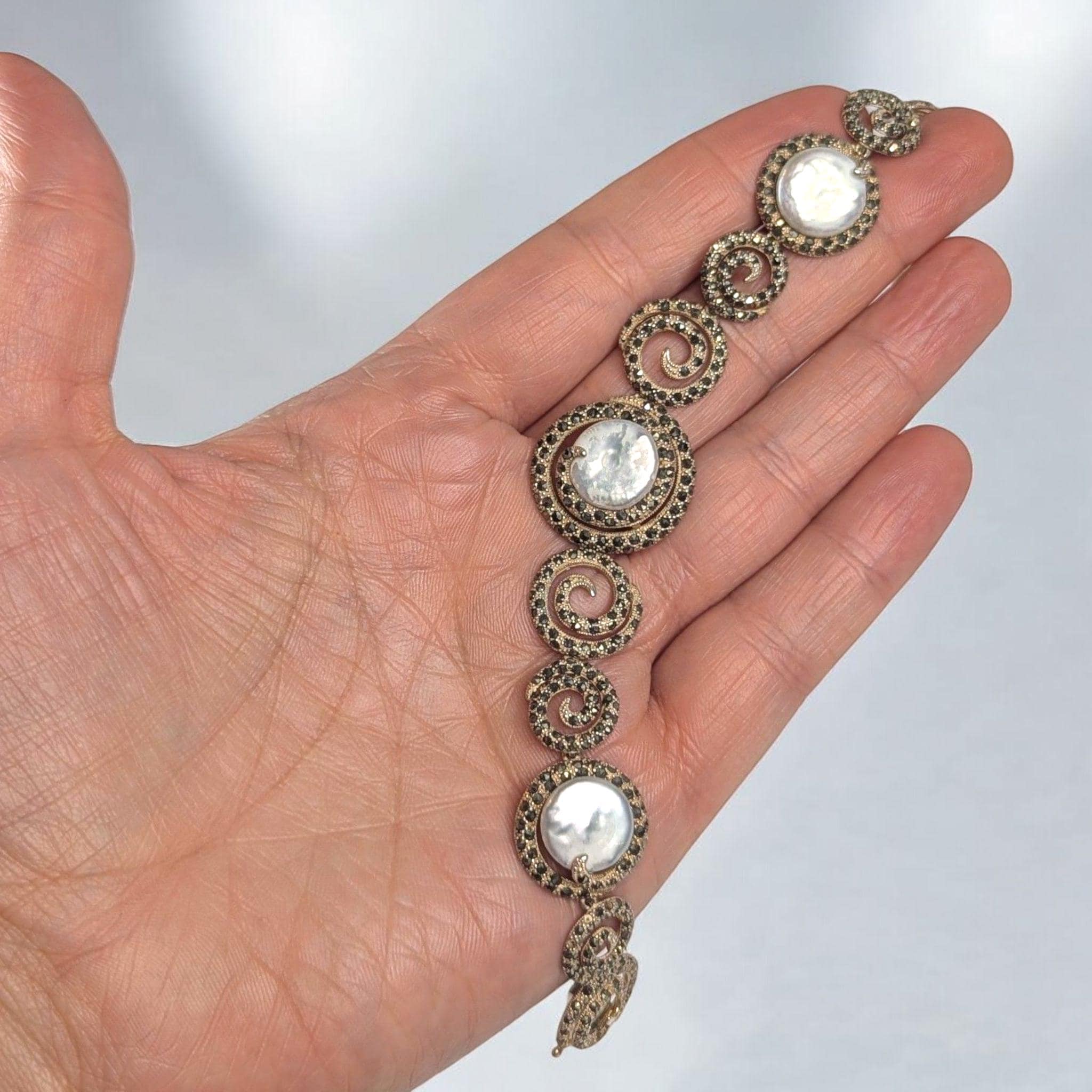 Judith Jack Vintage Marcasite Bracelet: Gold Vermeil Sterling Silver Coin Pearl Jewelry