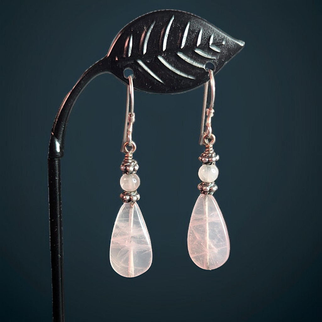 Sterling Silver Rose Quartz Drop Earrings – Vintage Gemstone Dangle Jewelry