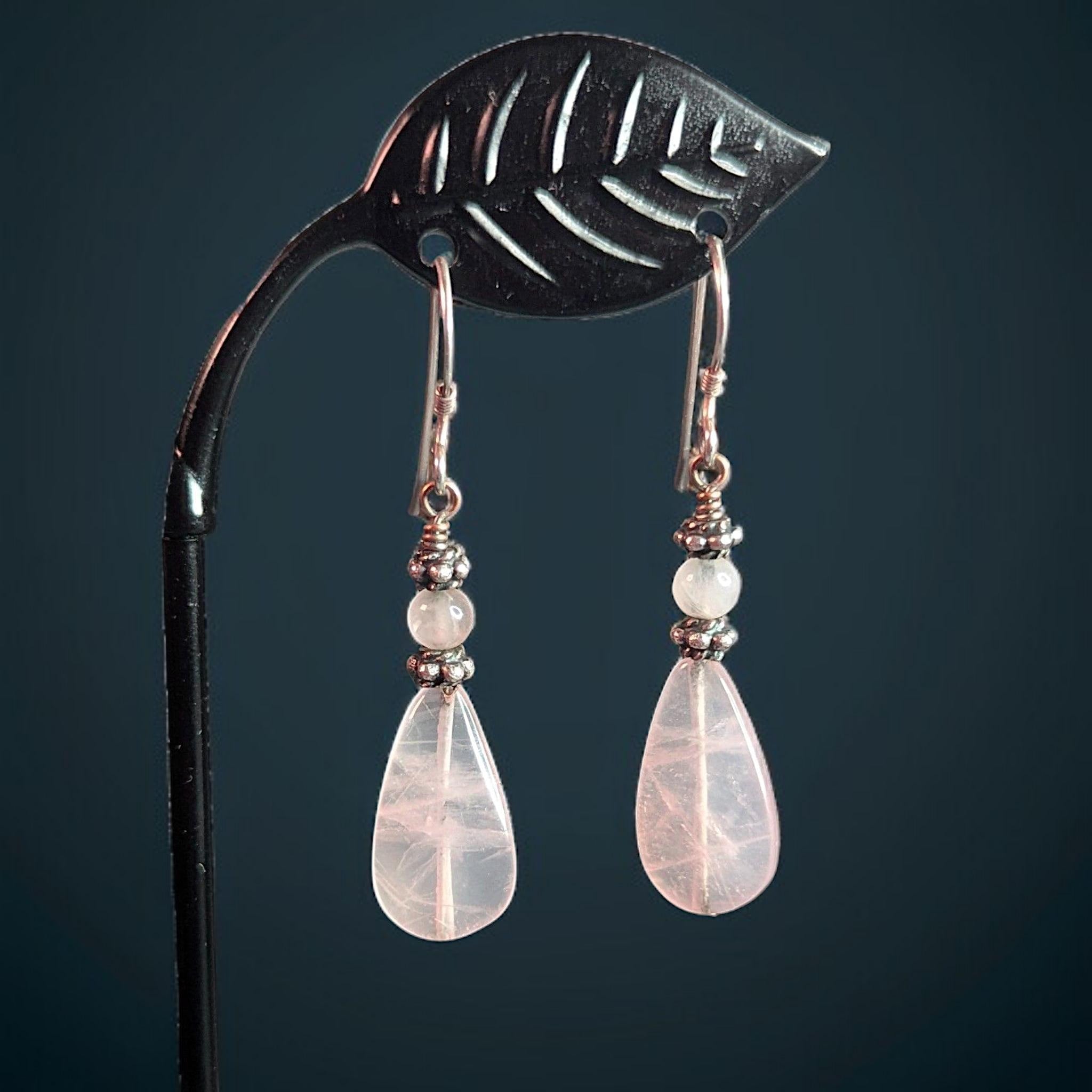 Sterling Silver Rose Quartz Drop Earrings – Vintage Gemstone Dangle Jewelry