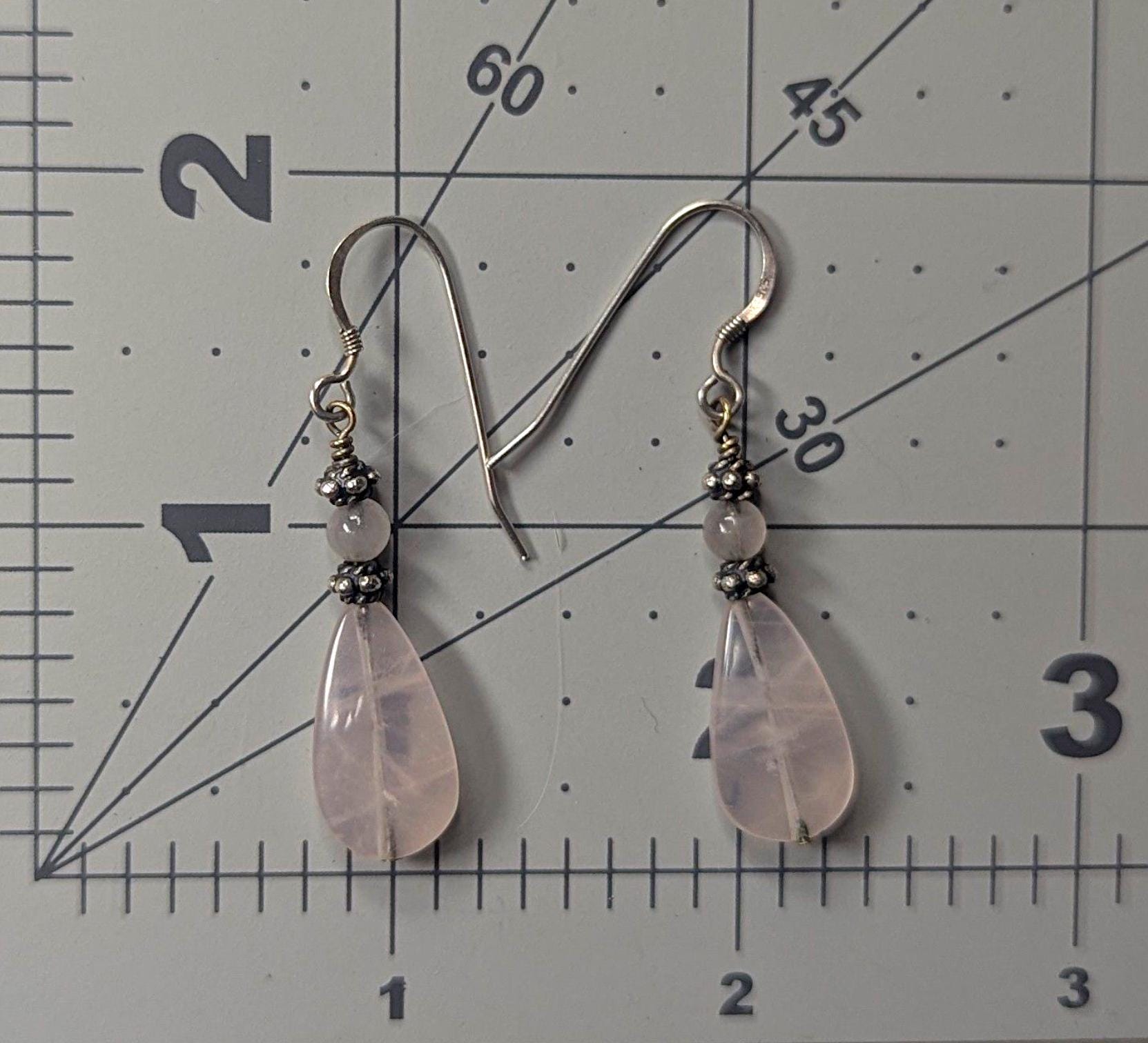 Sterling Silver Rose Quartz Drop Earrings – Vintage Gemstone Dangle Jewelry