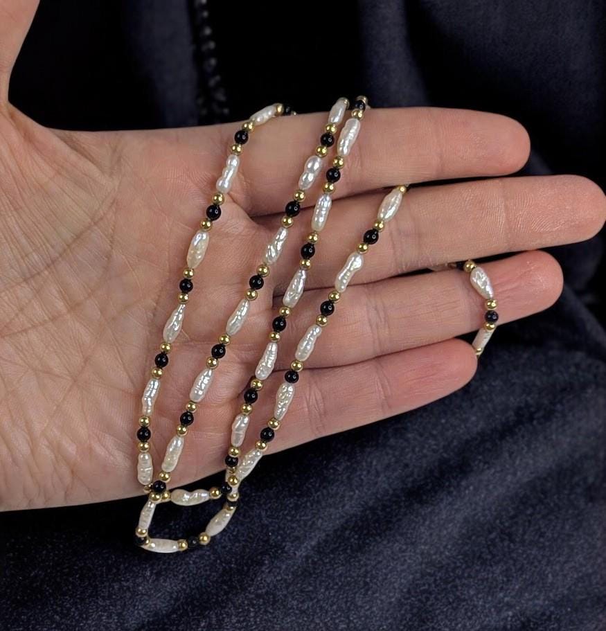 Vintage 30" Pearl, Onyx & 14K Gold Bead Necklace – Elegant Long Strand Jewelry