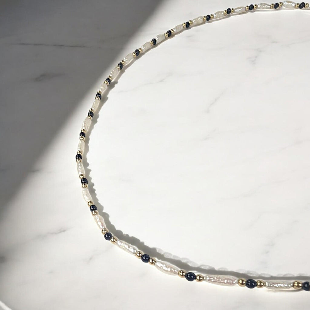 Vintage 30" Pearl, Onyx & 14K Gold Bead Necklace – Elegant Long Strand Jewelry
