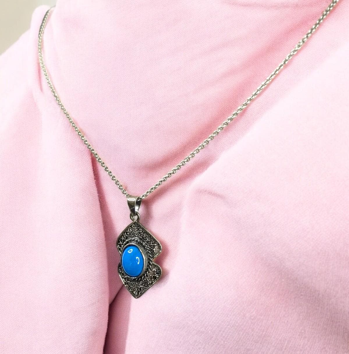 Vintage Sterling silver and Turquoise Filigree Pendant Necklace on "16 925 chain