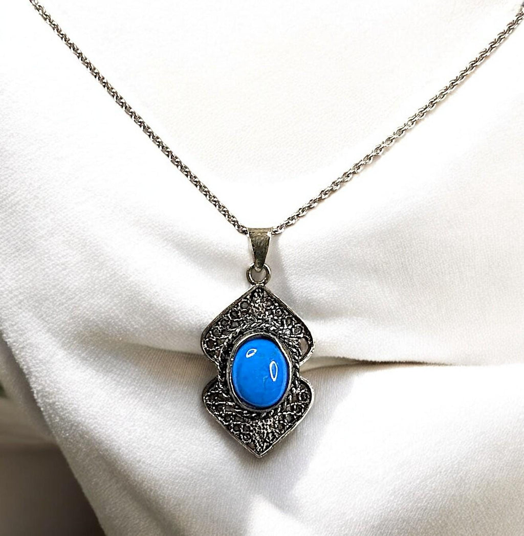 Vintage Sterling silver and Turquoise Filigree Pendant Necklace on "16 925 chain