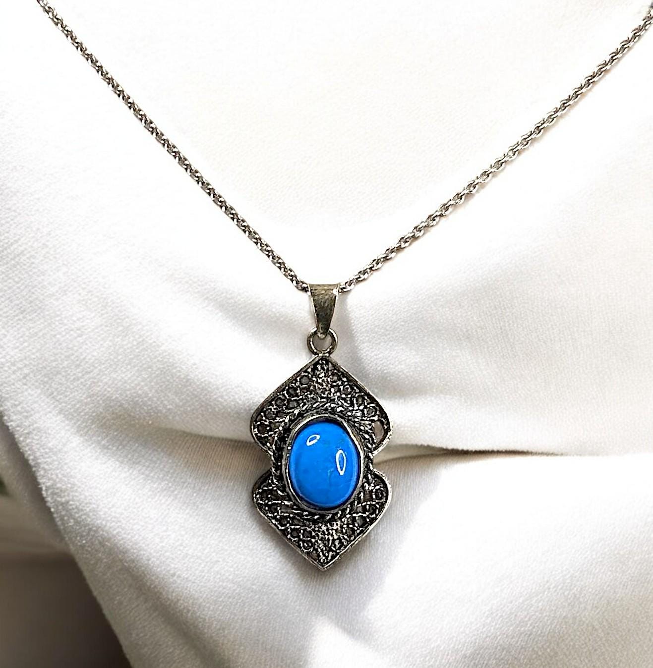 Vintage Sterling silver and Turquoise Filigree Pendant Necklace on "16 925 chain