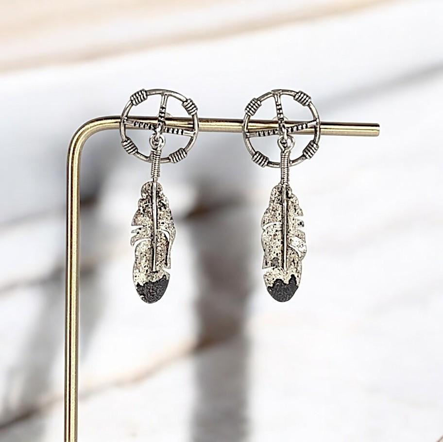 Vintage Navajo Sterling Silver Feather Dangle Earrings by Ernest Rangel, 1.75"