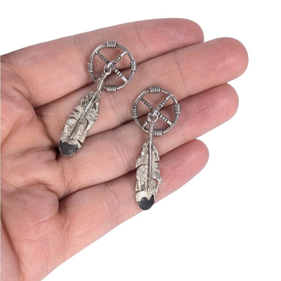 Vintage Navajo Sterling Silver Feather Dangle Earrings by Ernest Rangel, 1.75"