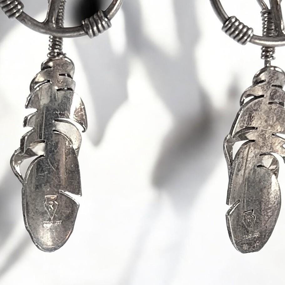 Vintage Navajo Sterling Silver Feather Dangle Earrings by Ernest Rangel, 1.75"