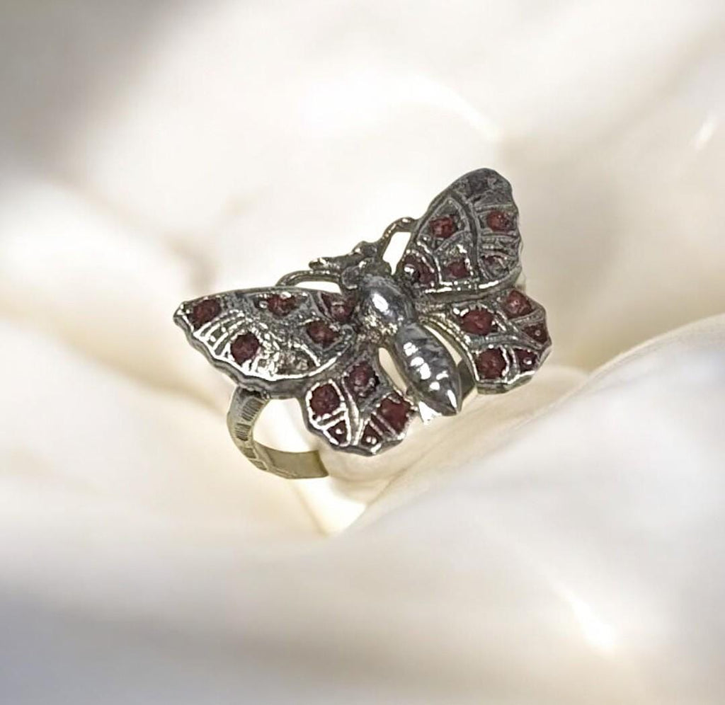 Vintage Sterling Silver Butterfly Ring: Red Enamel Artisan Jewelry, Size 5.75
