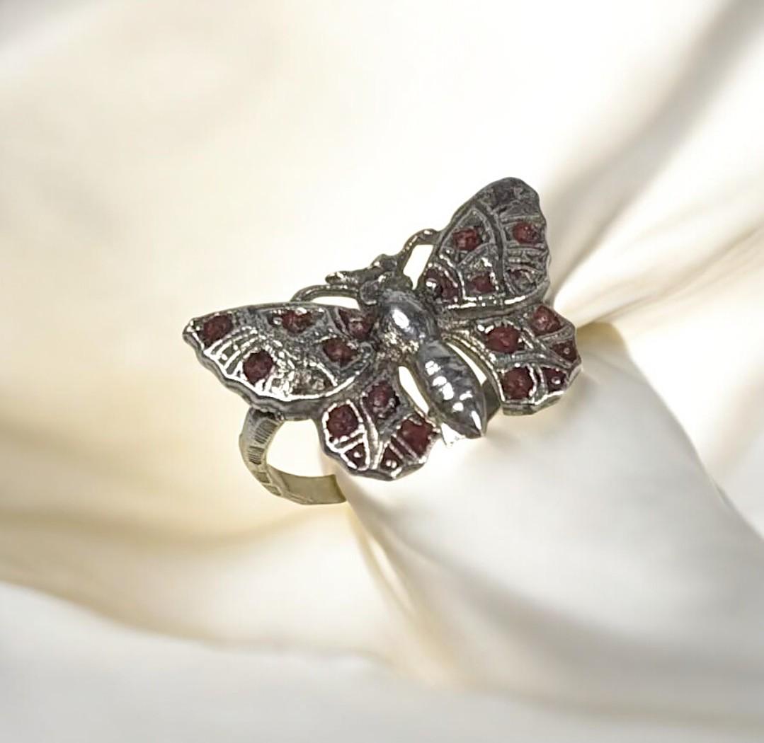 Vintage Sterling Silver Butterfly Ring: Red Enamel Artisan Jewelry, Size 5.75