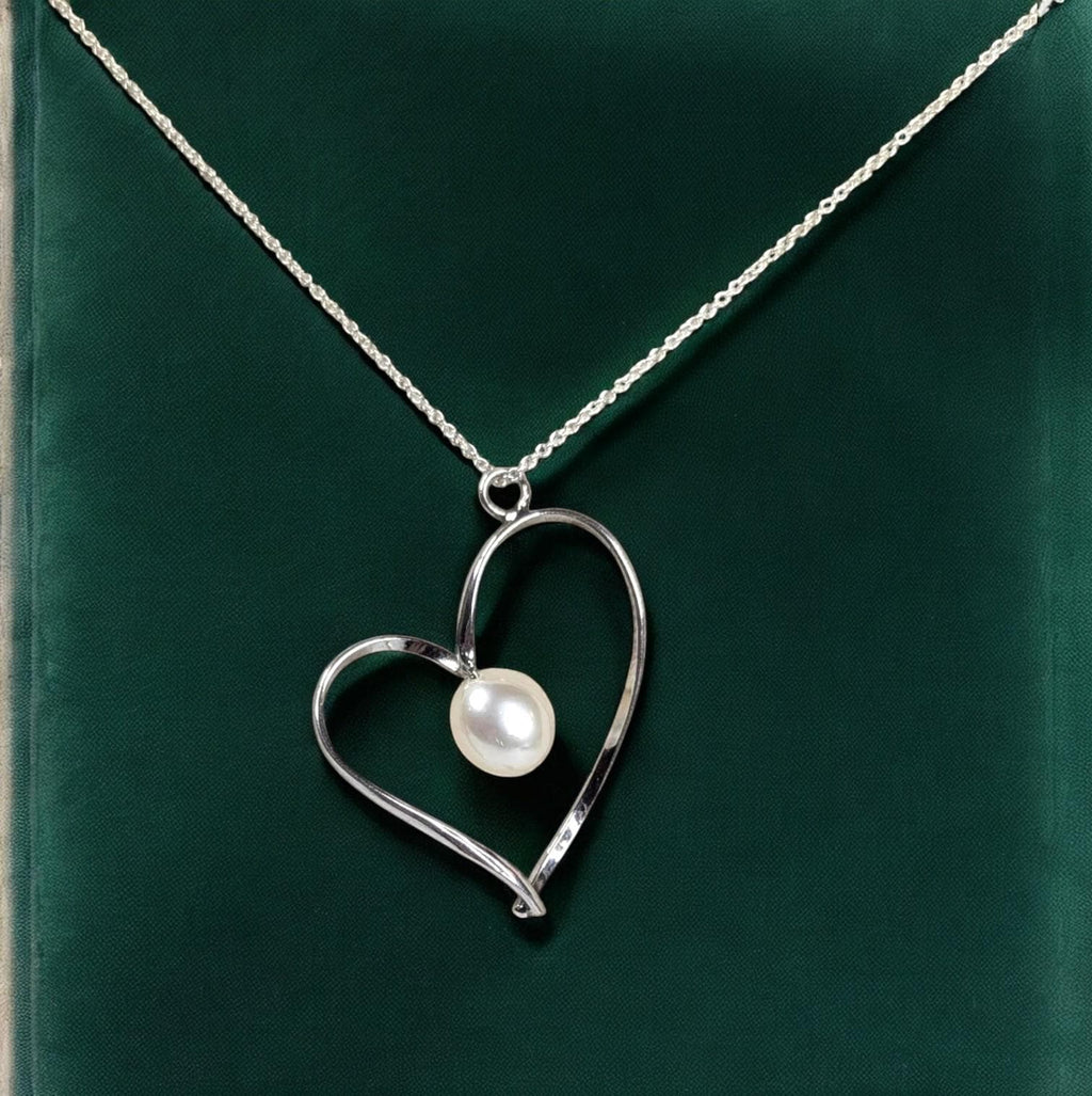 Vintage Sterling Silver Heart Necklace with Freshwater Pearl - 18" Chain