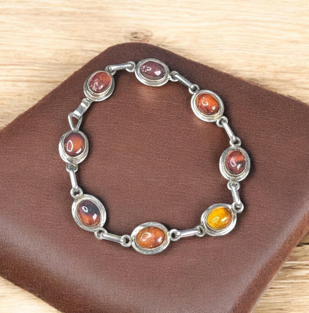Vintage Baltic Amber Bracelet: Sterling Silver Cognac Honey Cabochons, 7.5"