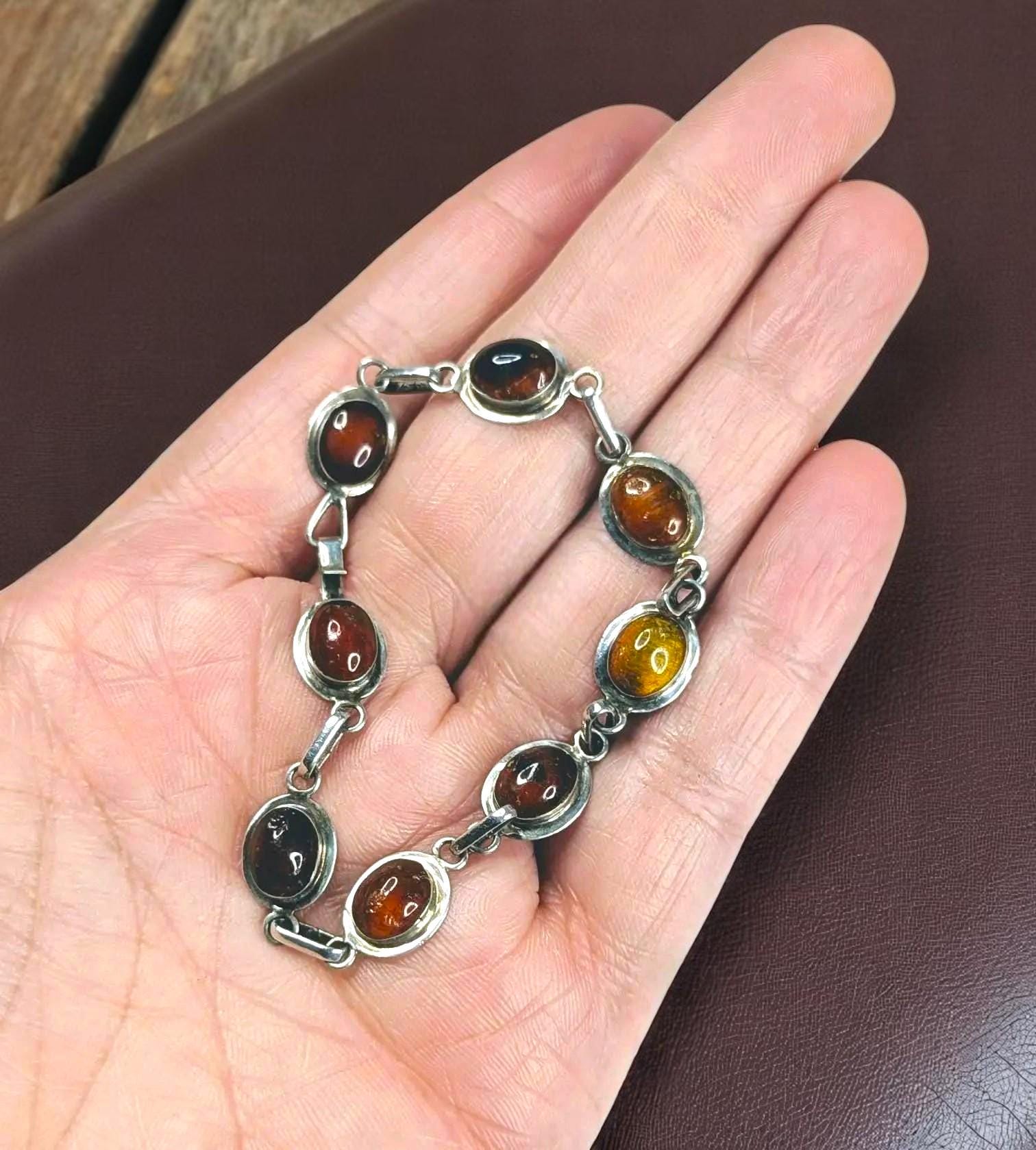Vintage Baltic Amber Bracelet: Sterling Silver Cognac Honey Cabochons, 7.5"