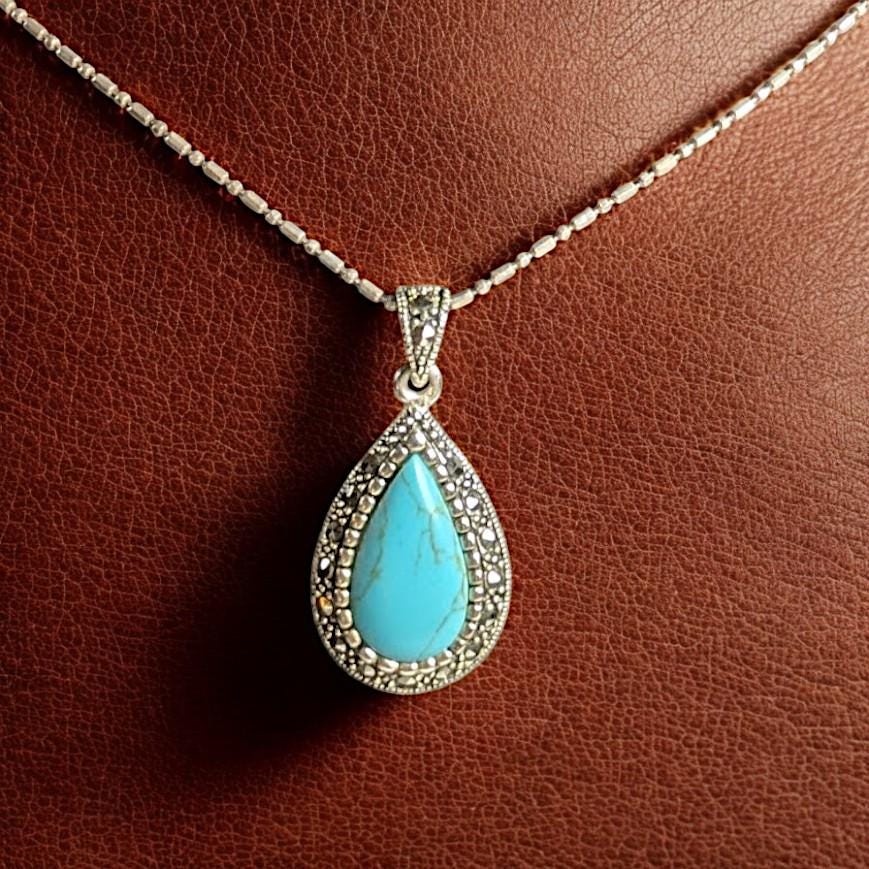 Vintage Sterling Silver Howlite Necklace: Marcasite Teardrop Pendant, 18" Chain