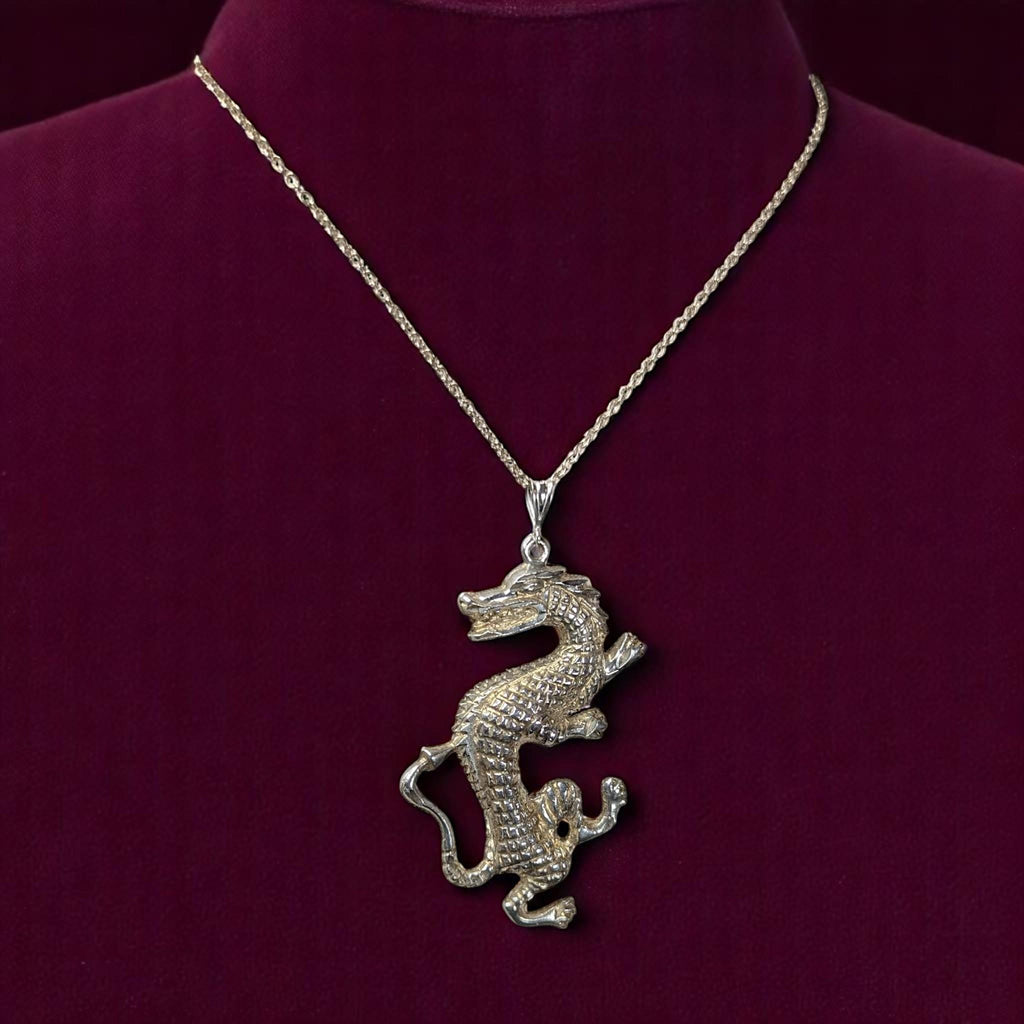 Vintage Sterling Silver Dancing Dragon Pendant Necklace: Gold Vermeil, 20" Chain