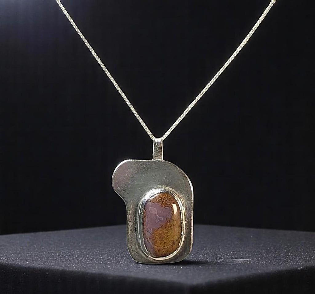 Vintage Art Deco Moss Agate Sterling Silver Pendant on 18" Chain