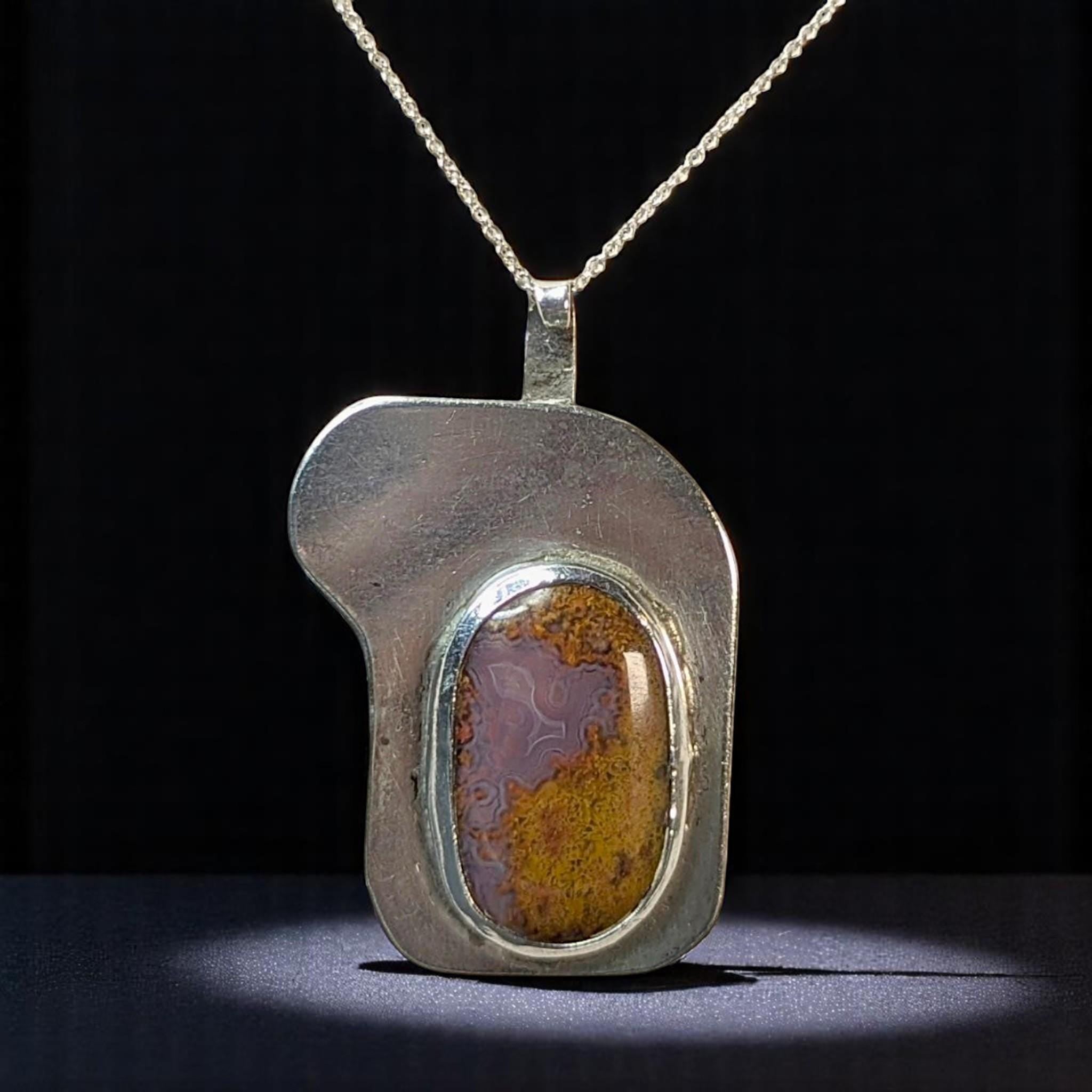 Vintage Art Deco Moss Agate Sterling Silver Pendant on 18" Chain