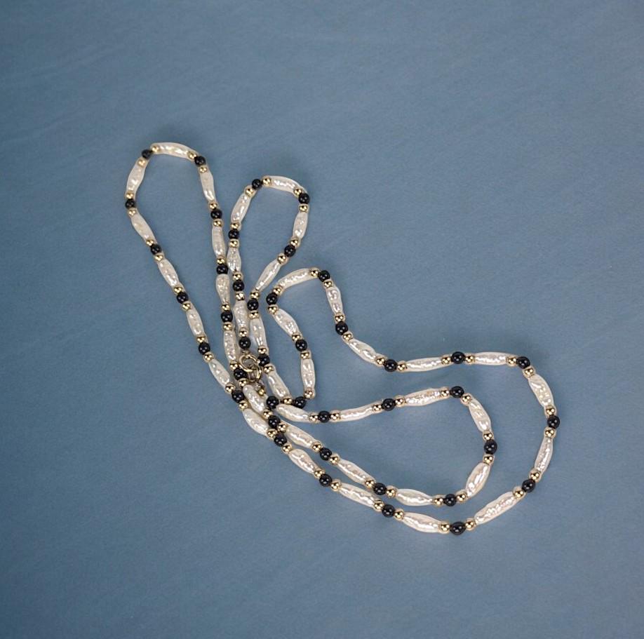 Vintage 30" Pearl, Onyx & 14K Gold Bead Necklace – Elegant Long Strand Jewelry
