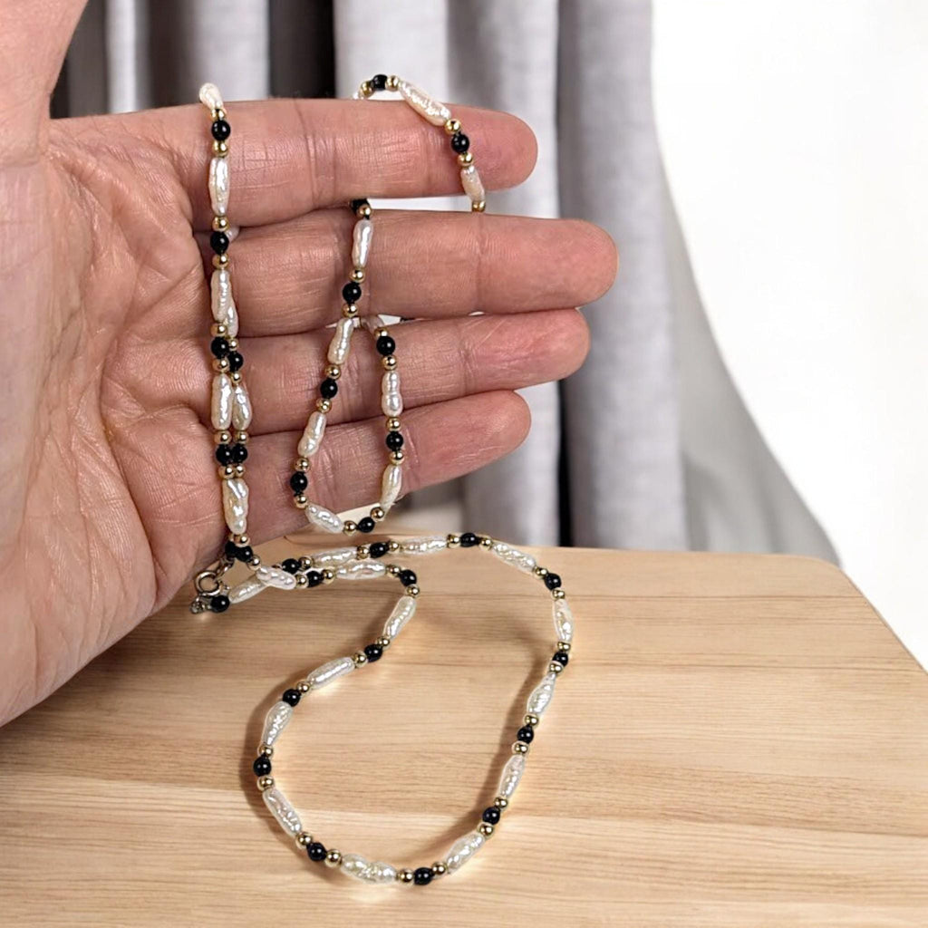 Vintage 30" Pearl, Onyx & 14K Gold Bead Necklace – Elegant Long Strand Jewelry