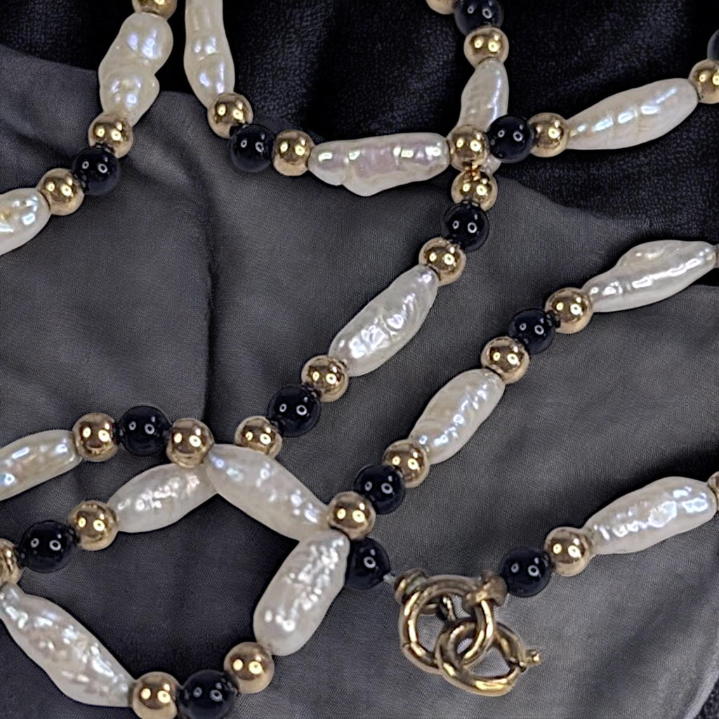 Vintage 30" Pearl, Onyx & 14K Gold Bead Necklace – Elegant Long Strand Jewelry