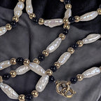 Vintage 30" Pearl, Onyx & 14K Gold Bead Necklace – Elegant Long Strand Jewelry
