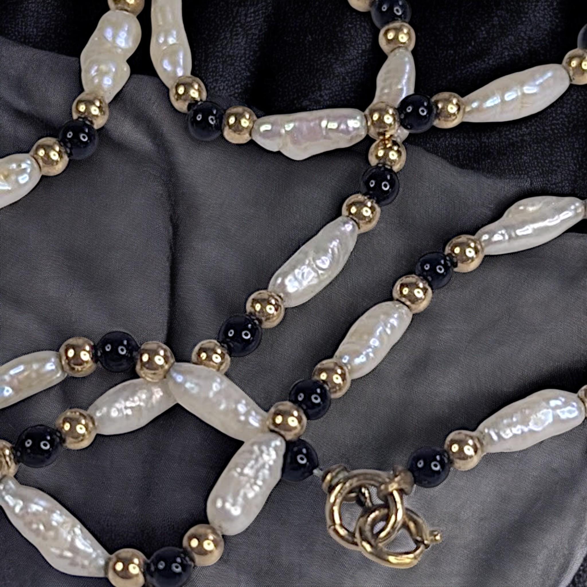 Vintage 30" Pearl, Onyx & 14K Gold Bead Necklace – Elegant Long Strand Jewelry