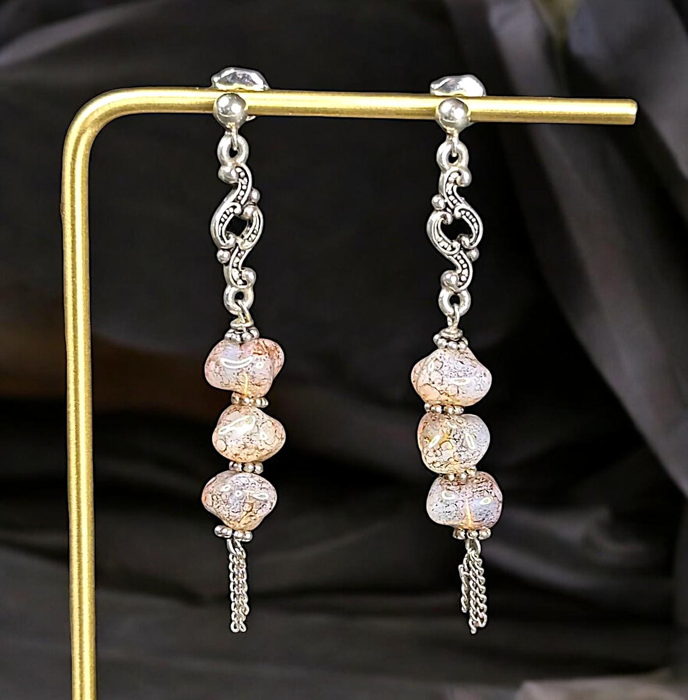 Iridescent Pink Czech Glass Dangle Earrings - Sterling Silver Statement Jewelry
