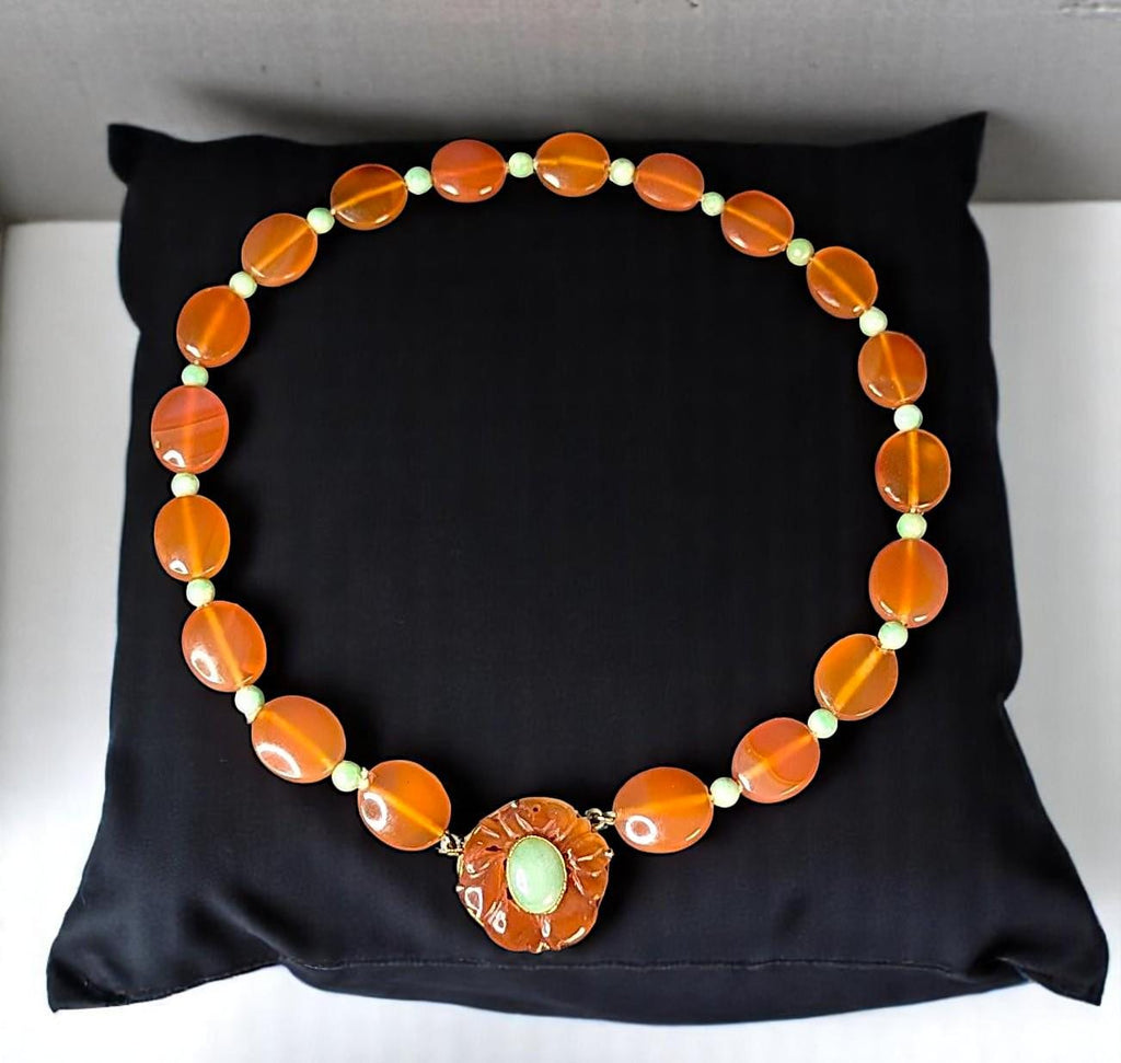 Vintage Carnelian, Jade, & 14k Gold Necklace, Estate Statement Choker