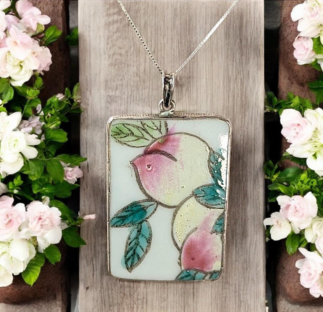 Antique Chinese Porcelain Shard Pendant: Hand-Painted Peaches, Sterling Silver Chain