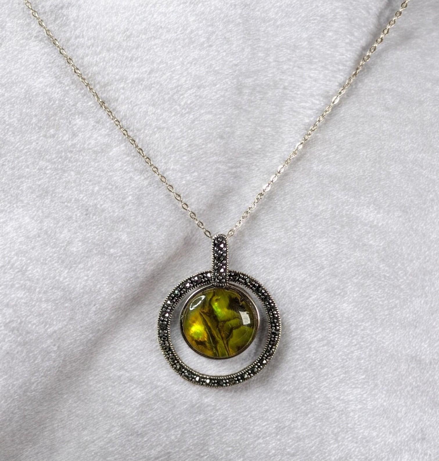 Vintage Sterling Silver Marcasite & Abalone Pendant Necklace – Floating Circle Design – 18" Chain – Marked 925
