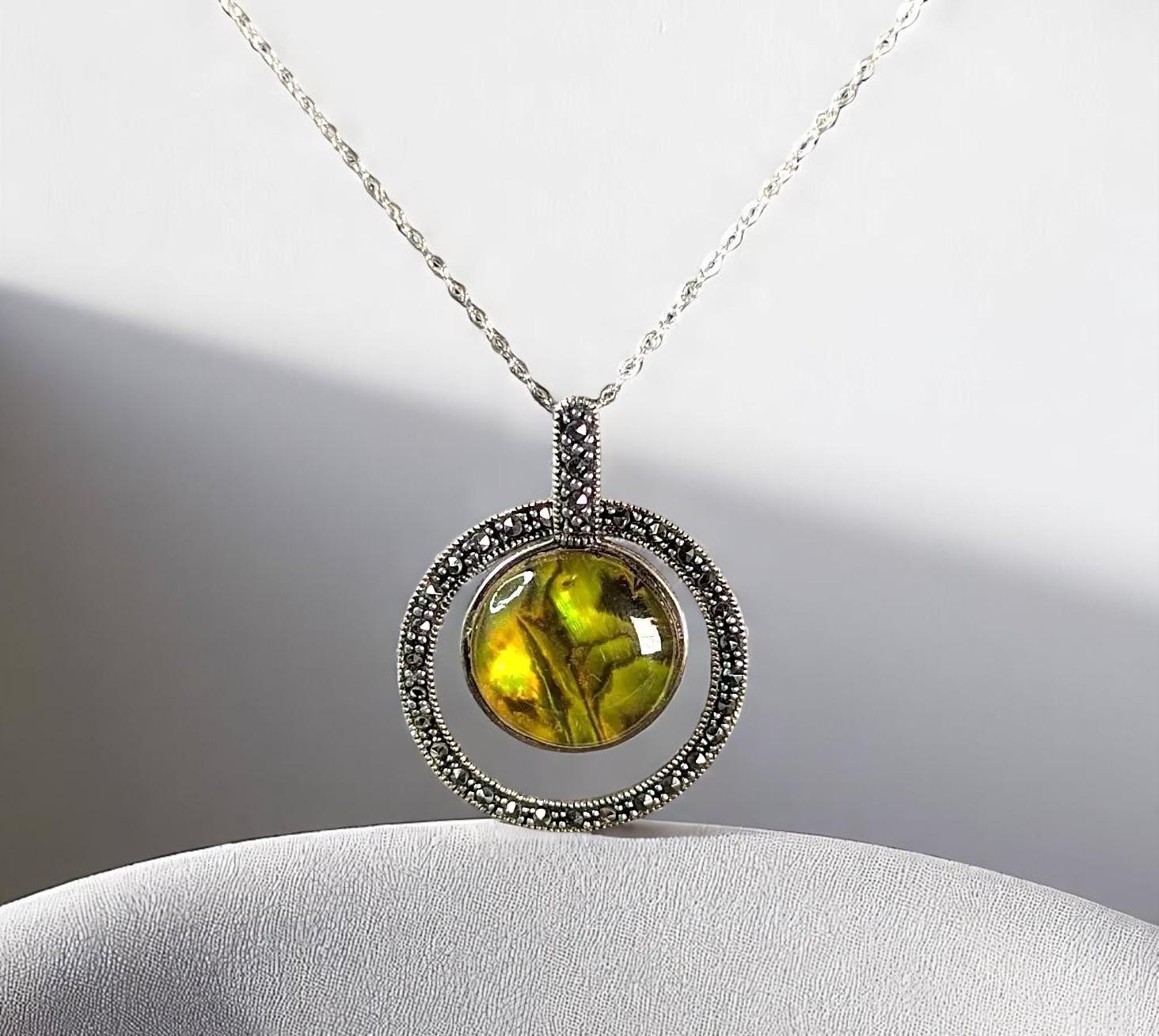 Vintage Sterling Silver Marcasite & Abalone Pendant Necklace – Floating Circle Design – 18" Chain – Marked 925
