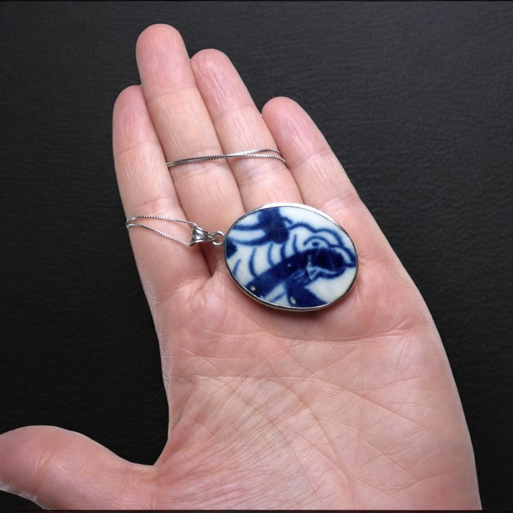 Antique Chinese Porcelain Shard Necklace: Sterling Silver, Qing Dynasty Style