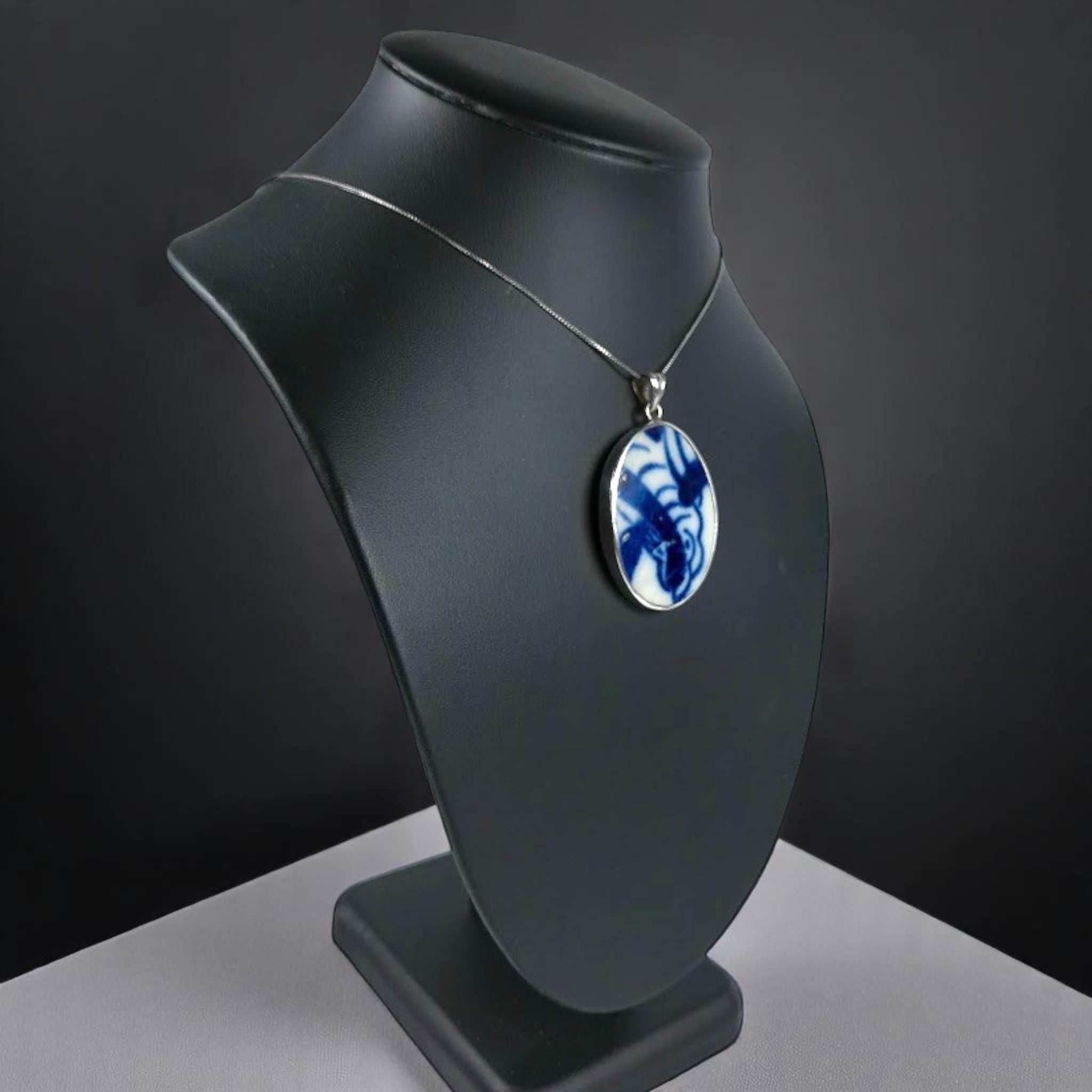 Antique Chinese Porcelain Shard Necklace: Sterling Silver, Qing Dynasty Style