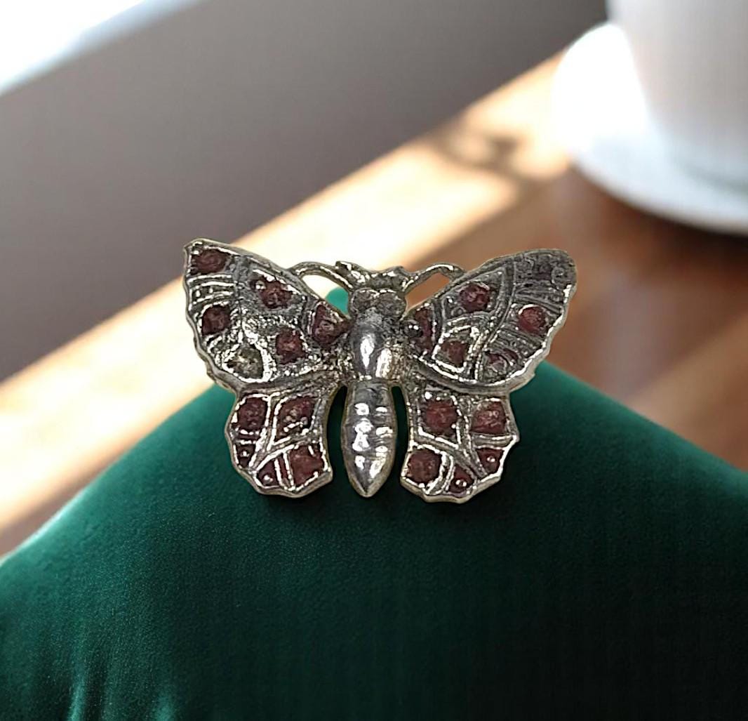 Vintage Sterling Silver Butterfly Ring: Red Enamel Artisan Jewelry, Size 5.75