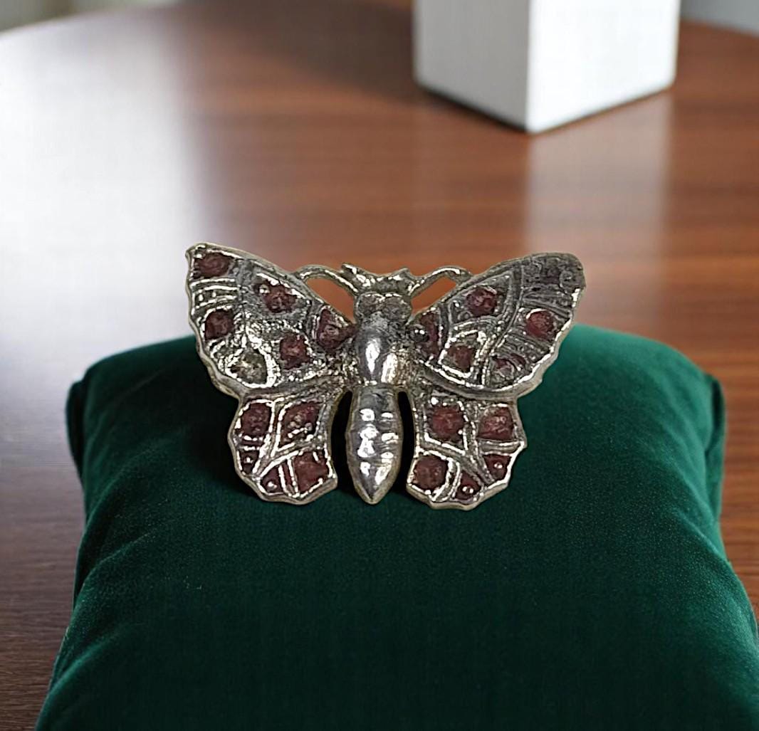 Vintage Sterling Silver Butterfly Ring: Red Enamel Artisan Jewelry, Size 5.75