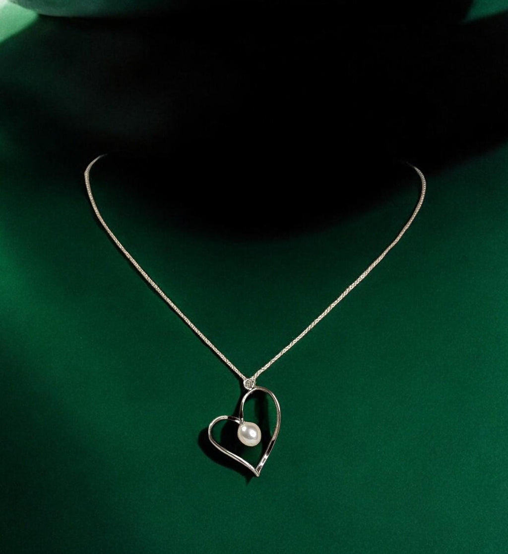 Vintage Sterling Silver Heart Necklace with Freshwater Pearl - 18" Chain