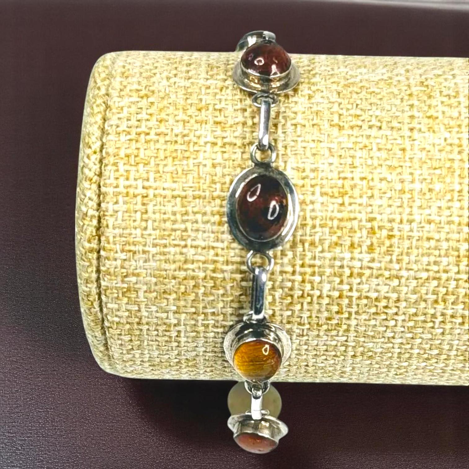 Vintage Baltic Amber Bracelet: Sterling Silver Cognac Honey Cabochons, 7.5"