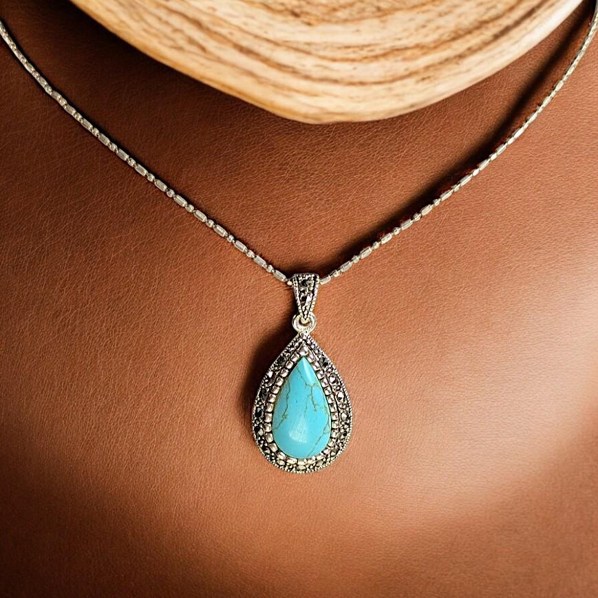 Vintage Sterling Silver Howlite Necklace: Marcasite Teardrop Pendant, 18" Chain