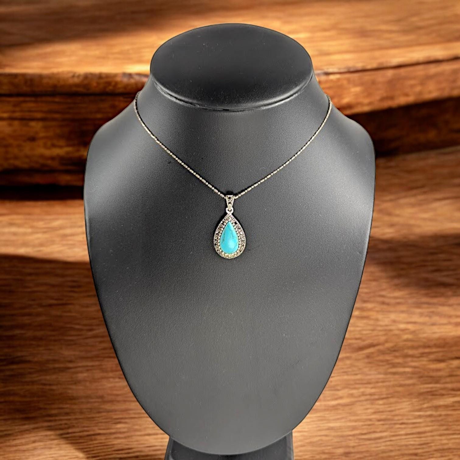 Vintage Sterling Silver Howlite Necklace: Marcasite Teardrop Pendant, 18" Chain