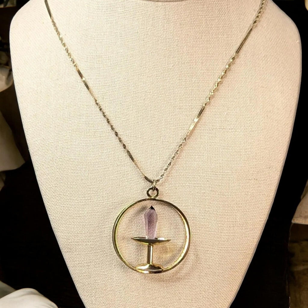 Vintage  Gothic Amethyst Dagger Pendant Necklace, Gold Vermeil over Sterling