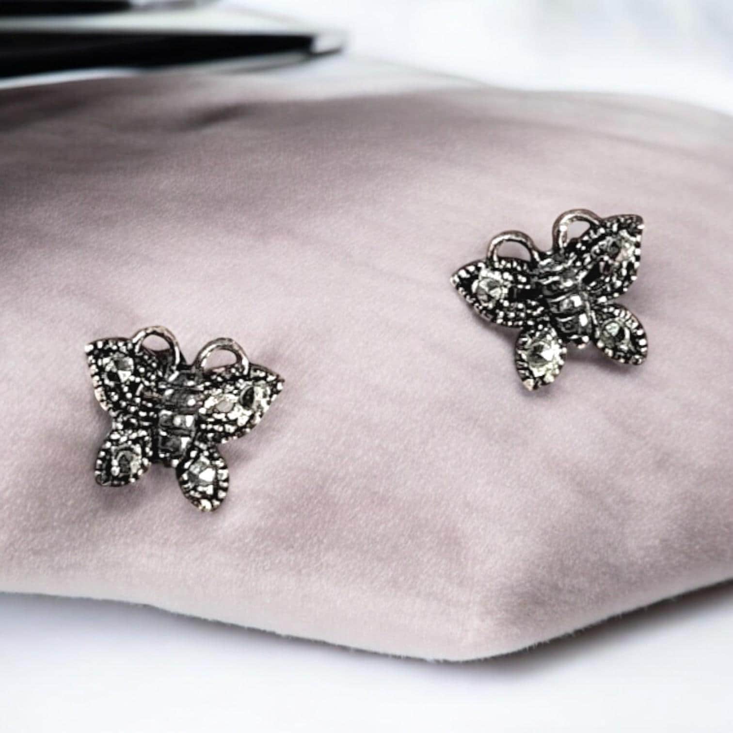 Vintage Marcasite Butterfly Stud Earrings: 925 Sterling Silver
