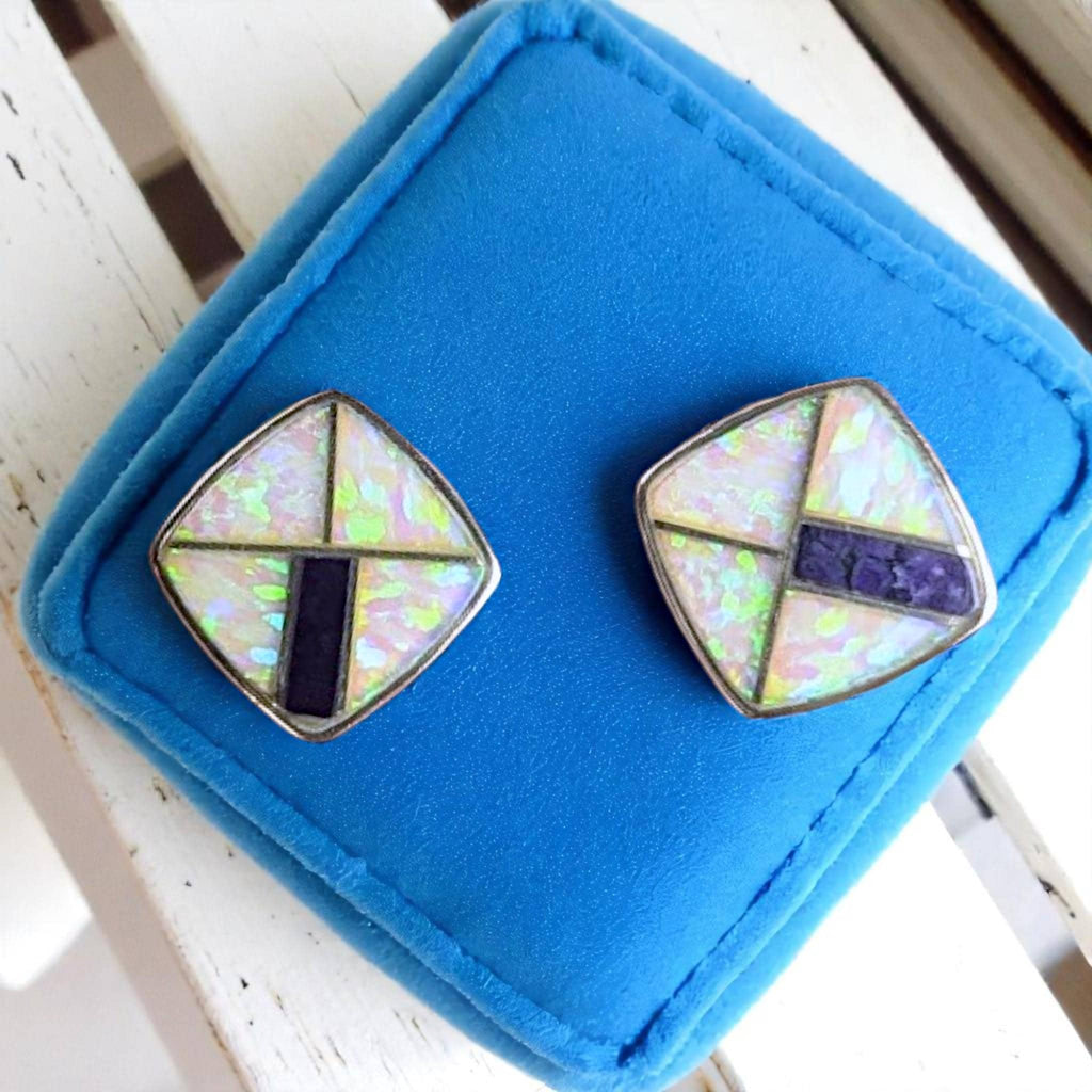 Vintage Sterling Silver Geometric Inlay Earrings: White & Purple Lab Opal