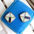 Vintage Sterling Silver Geometric Inlay Earrings: White & Purple Lab Opal
