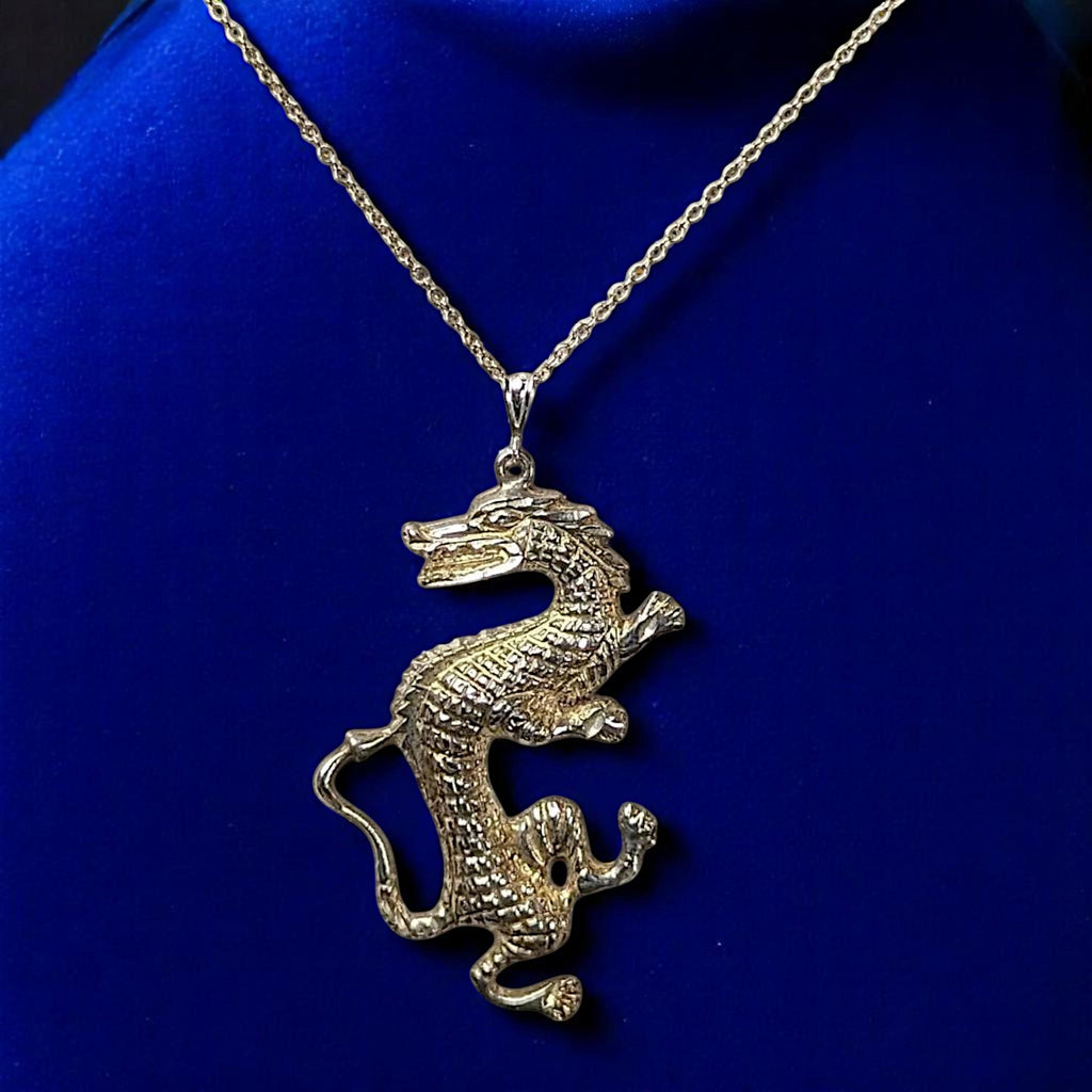 Vintage Sterling Silver Dancing Dragon Pendant Necklace: Gold Vermeil, 20" Chain