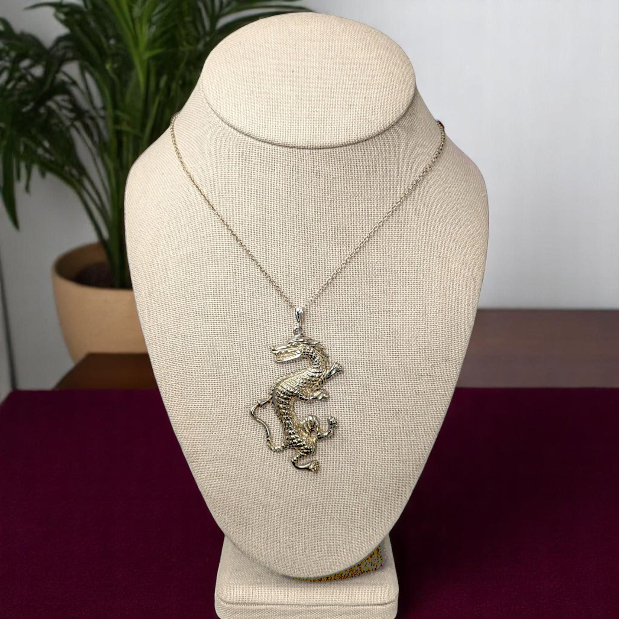 Vintage Sterling Silver Dancing Dragon Pendant Necklace: Gold Vermeil, 20" Chain
