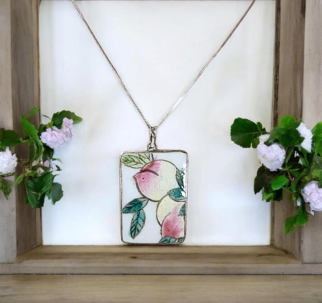 Antique Chinese Porcelain Shard Pendant: Hand-Painted Peaches, Sterling Silver Chain